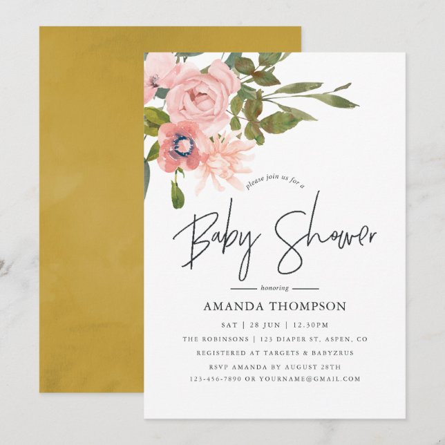 Convite Chá de bebê em aquarela floral rosa e dourado (Frente/Verso)