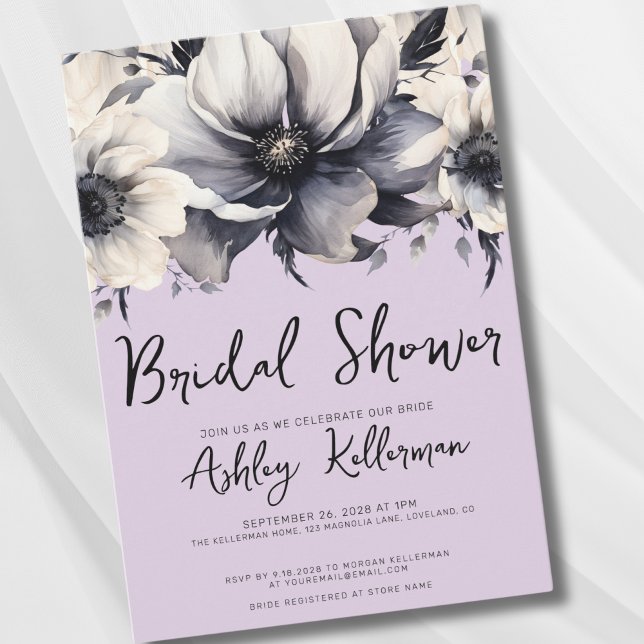 Convite Chá de Bebê em Aquarela Floral Roxa (Watercolor Elegant Floral Lavender Bridal Shower Invitation)