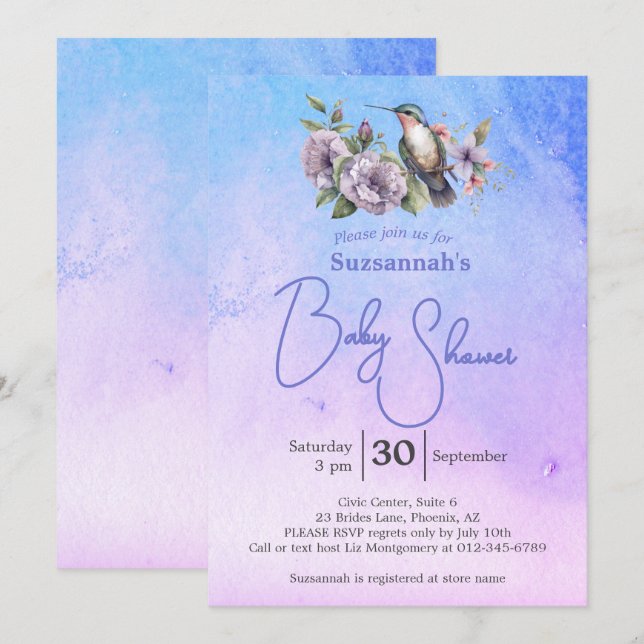 Convite Chá de Bebê em Aquarela Pastel com Beija-flor (Frente/Verso)