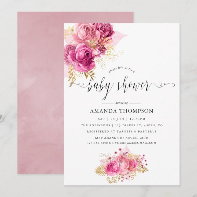 Convite Chá de Bebê em Aquarela Rosas Rosa e Dourado (Frente/Verso)