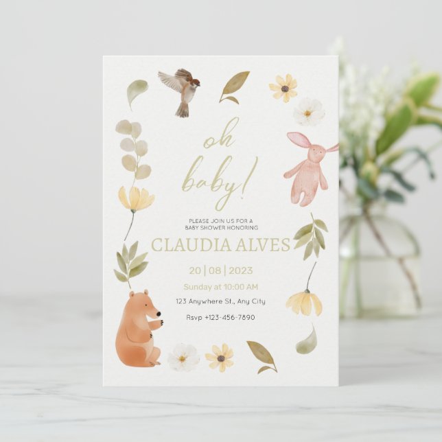 Convite Chá de Bebê em Aquarela Verde Creme em Homenagem  (Em pé/Frente)
