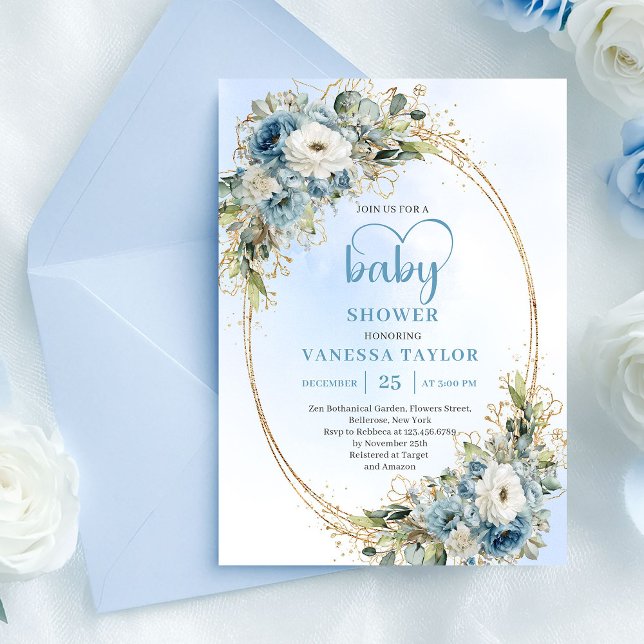 Convite Chá de Bebê em Azul Empoeirado Floral Eucalipto Do (Dusty Blue Floral Eucalyptus Gold Script Baby Shower

)