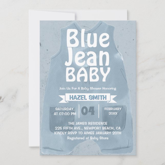 Convite Chá de Bebê em Denim Azul Bebê (Frente)