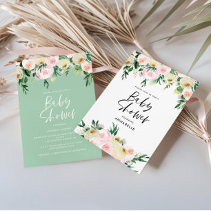 Convite Chá de Bebê em Florais de Aquarela Rosa e Verde Mu