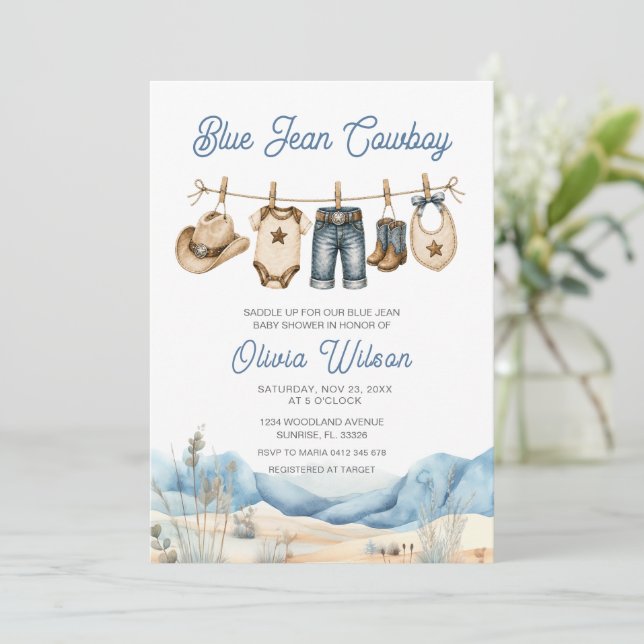 Convite Chá de Bebê em Jeans Azul Western (Em pé/Frente)