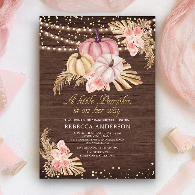 Convite Chá de Bebê em Madeira Rosa Po dusty Boho Abóbora (Criador carregado)