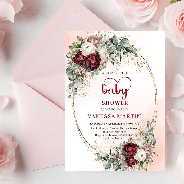 Convite Chá de Bebê em Tom Burgundy Boho com Fonte em Form (Boho Burgundy Greenery Heart-Shaped Font Baby Shower Invite)