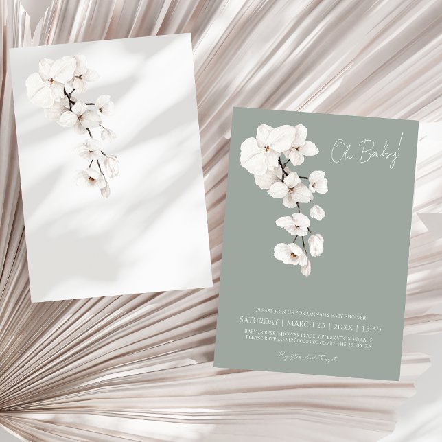 Convite Chá de Bebê em Verde Salvia Moderno com Orquídea B (Modern Sage Green White Orchids Baby Shower, Oh Baby! Invitation)