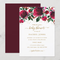 Chá de Bebê em Vermelho Borgonha Dourado Floral