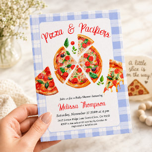 Convite Chá de Bebê em Xadrez Azul Menino Pizza e Chupetas