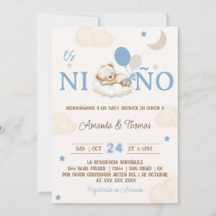 Convite Chá de Bebê Espanhol Menino Urso Azul
