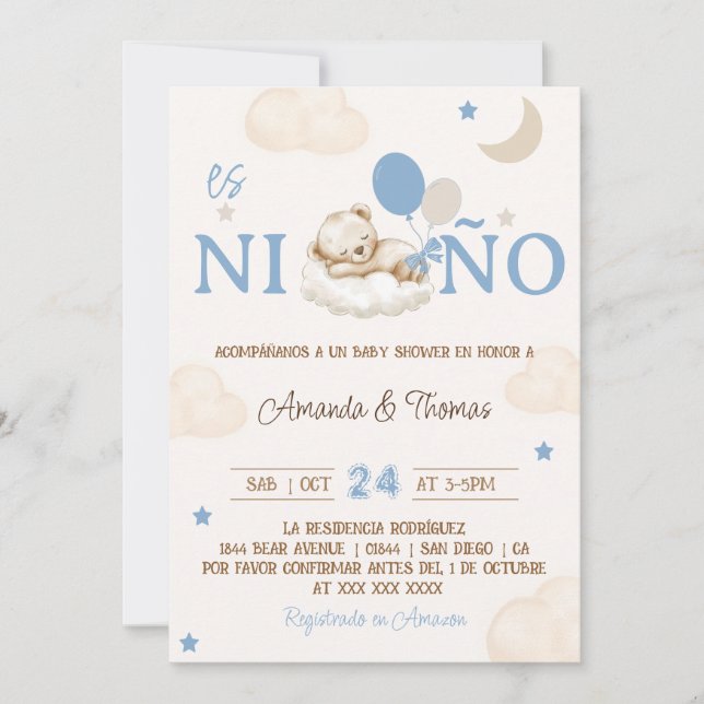 Convite Chá de Bebê Espanhol Menino Urso Azul (Frente)