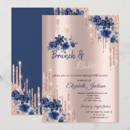 Convite Chá de Bebê & Espumante Blue Flowers Drips Brunch