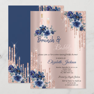 Convite Chá de Bebê & Espumante Blue Flowers Drips Brunch
