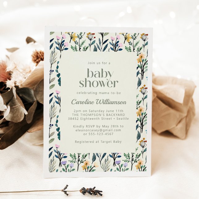 Convite Chá de Bebê Estética Boho Aquarela Flor Silvestre (Criador carregado)