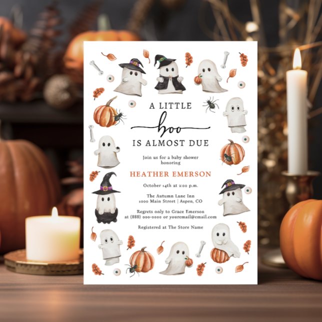 Convite Chá de Bebê Fantasminha de Halloween (A Little Boo Is Almost Due Halloween Baby Shower Invitation by Painted Paperie)
