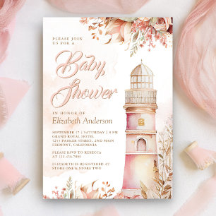 Convite Chá de Bebê Farol Floral Boho Rosa