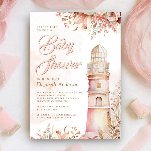Convite Chá de Bebê Farol Floral Boho Rosa (Criador carregado)
