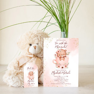 Convite Chá de bebê festa chá de bebê ursinho rosa em uma 