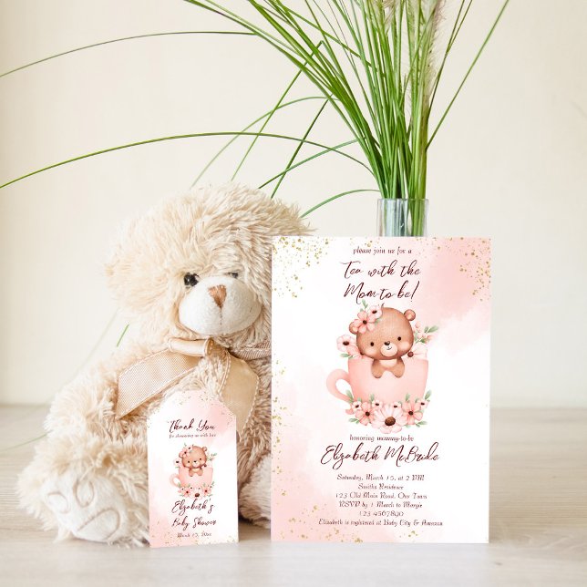 Convite Chá de bebê festa chá de bebê ursinho rosa em uma  (Criador carregado)