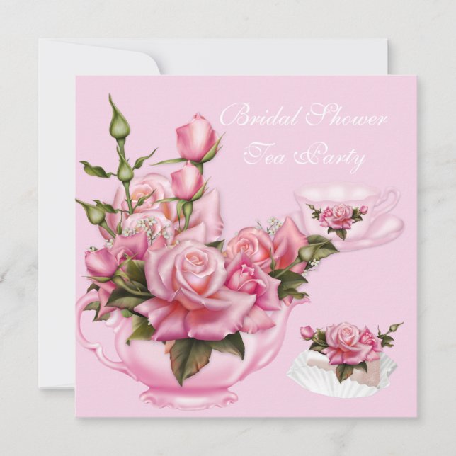 Convite Chá de Bebê Festa Chá Rosa Rosa Teapot 4 (Frente)