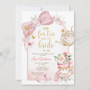 Convite Chá de Bebê Festa de Chá com Laço Rosa Floral