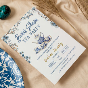 Convite Chá de Bebê Festa de Chá Delft Azul Floral brunch