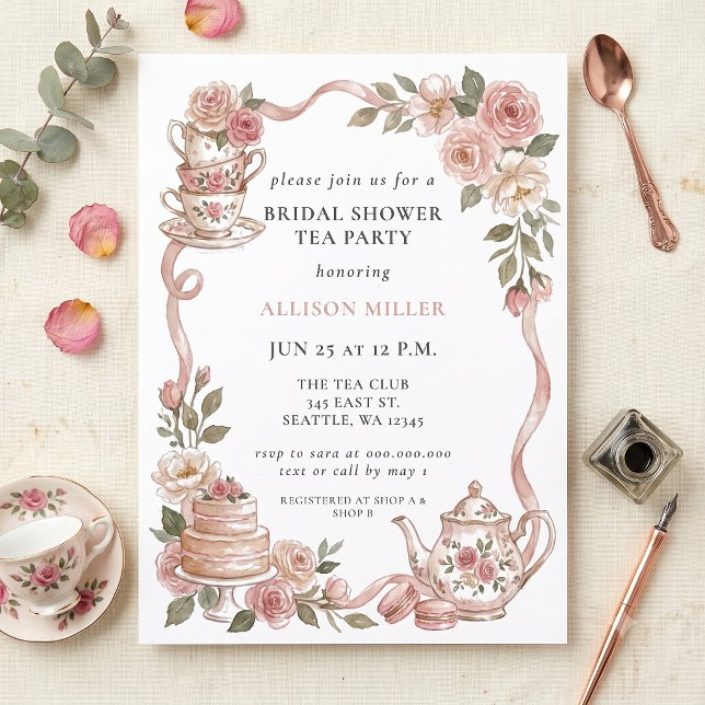 Convite Chá de Bebê Festa de Noivado Rustic Blush Rose Gol (Rustic Blush Rose Gold Tea Party Bridal Shower Invitation)