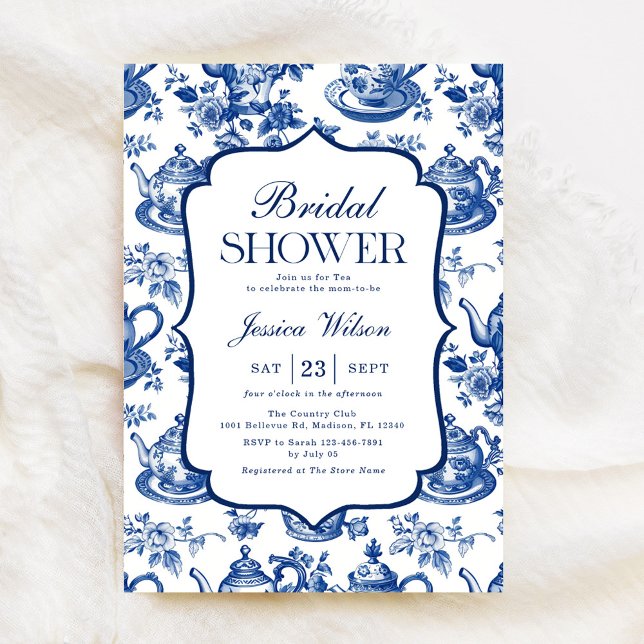 Convite Chá de Bebê Festa do Chá Azul Branco Chinoiserie (Criador carregado)