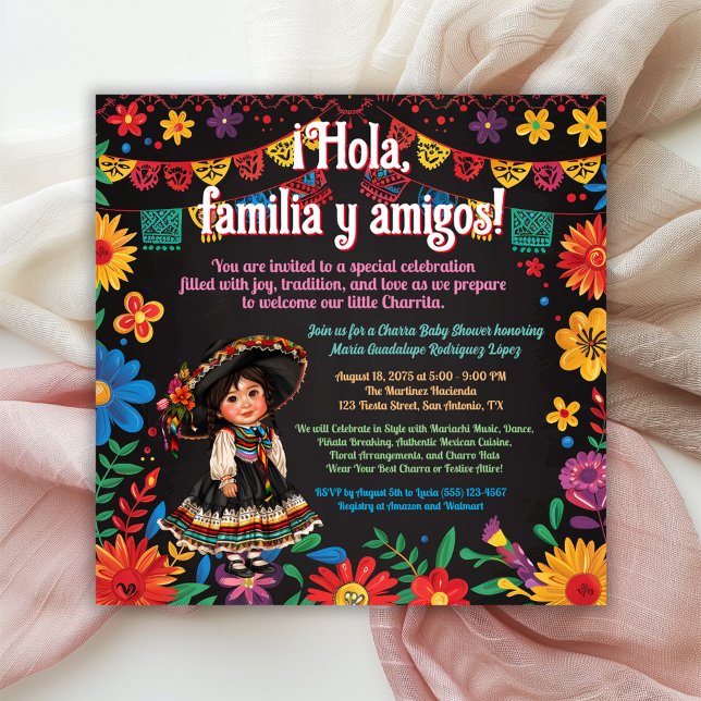 Convite Chá de Bebê Fiesta Floral Charra (Girl fiesta baby shower invitation with bright flowers and adorable baby girl charra.)