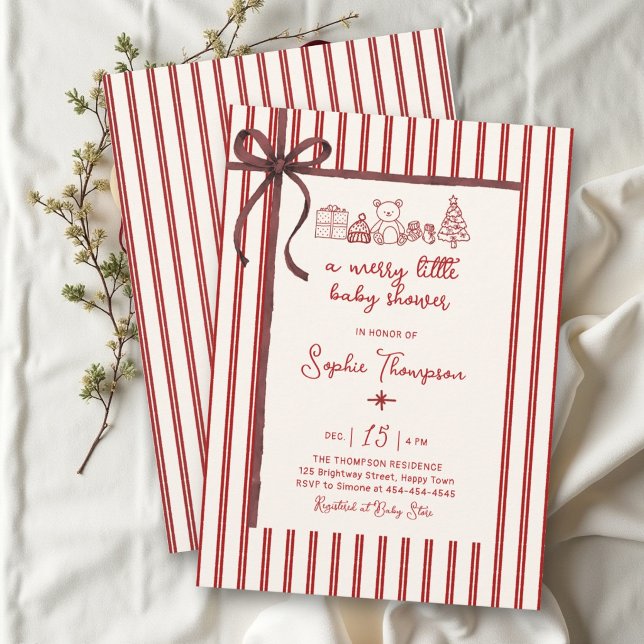 Convite Chá de Bebê Fita de Arco de Natal Alegre (Merry Little Bow Ribbon Christmas Baby Shower Invitation)