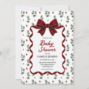 Convite Chá de Bebê Fita Vermelha de Natal Elegante