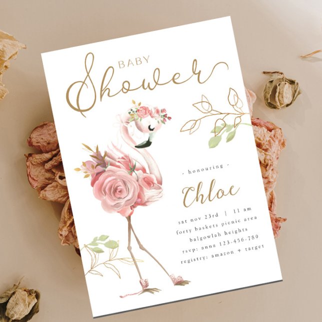 Convite Chá de Bebê Flamingo, Flamingo Rosa Floral Moderno (Criador carregado)
