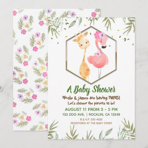 Convite Chá de Bebê Flamingo & Girafa Aquarela Tropical