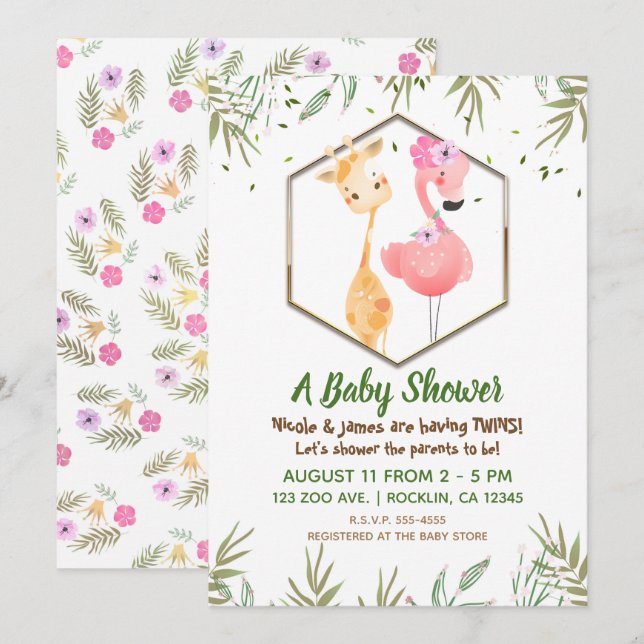 Convite Chá de Bebê Flamingo & Girafa Aquarela Tropical (Frente/Verso)