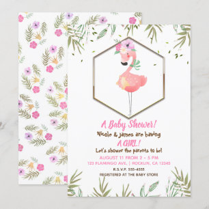 Convite Chá de Bebê Flamingo Rosa Aquarela Tropical