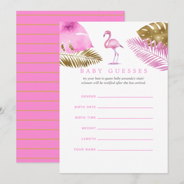 Convite Chá de Bebê Flamingo Rosa e Dourado - Adivinhe o B (Frente/Verso)