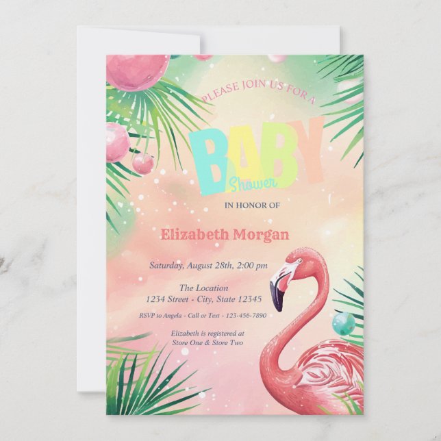 Convite Chá de Bebê Flamingos Elegantes Folhas de Palmeira (Frente)