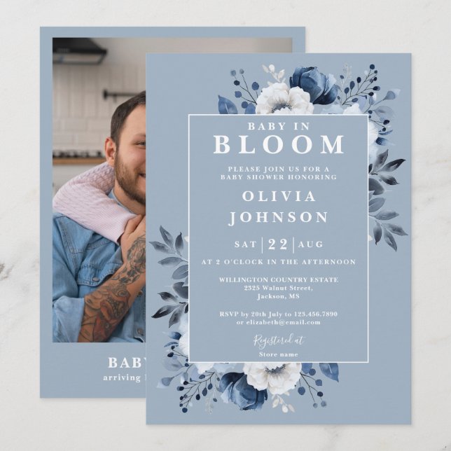 Convite Chá de Bebê Fleur Baby em Flor Pó Azul (Frente/Verso)