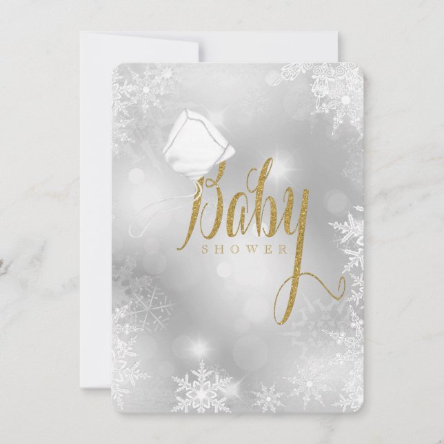 Convite Chá de Bebê Floco de Neve Branco e Dourado (Frente)