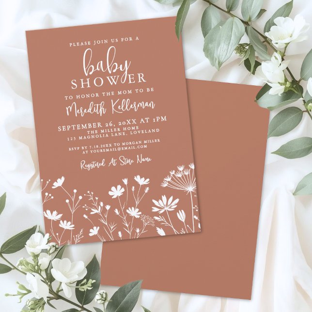 Convite Chá de Bebê Flor Silvestre Laranja Queimada (Burnt Orange Wildflower Baby Shower Invitation)
