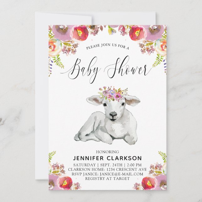 Convite Chá de Bebê Flora Lamb (Frente)