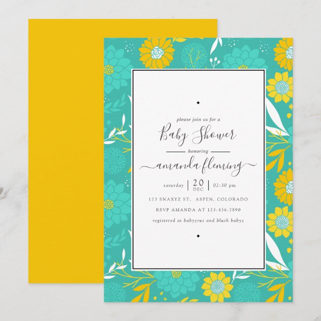 Convite Chá de Bebê Floral Amarelo e Azul Turquesa (Frente/Verso)