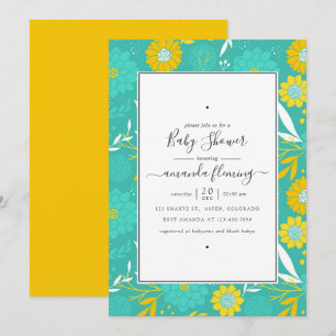 Convite Chá de Bebê Floral Amarelo e Azul Turquesa