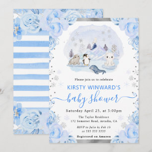 Convite Chá de Bebê Floral Animais Árticos Aquarela