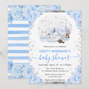Convite Chá de Bebê Floral Animais Árticos Aquarela