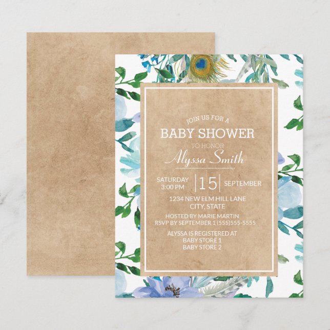Convite Chá de Bebê Floral Azul Branco Rustic Marrom Kraft (Frente/Verso)