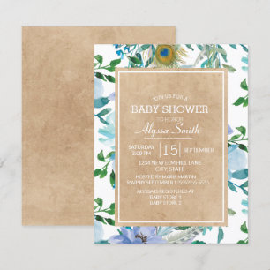 Convite Chá de Bebê Floral Azul Branco Rustic Marrom Kraft