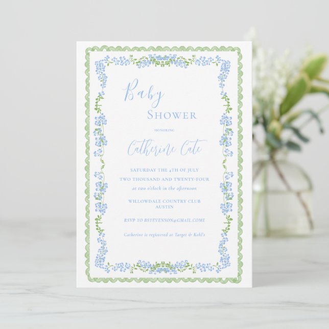 Convite Chá de Bebê Floral Azul Caprichoso (Em pé/Frente)