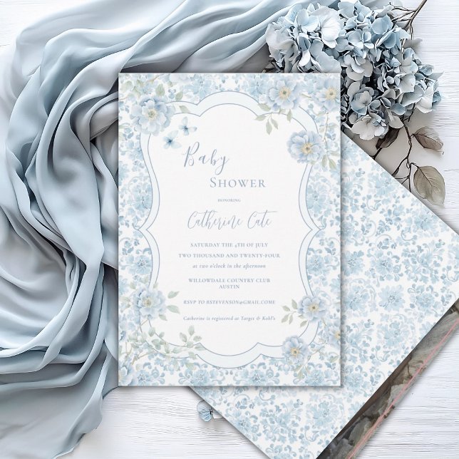 Convite Chá de Bebê Floral Azul Caprichoso (Criador carregado)